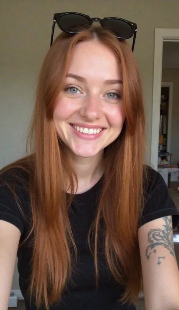 "A casual and natural selfie of a young woman with long, straight auburn hair and bright blue eyes. She has a warm smile and a relaxed expression, giving off a friendly and approachable vibe. She is wearing a black t-shirt and has stylish sunglasses restin...