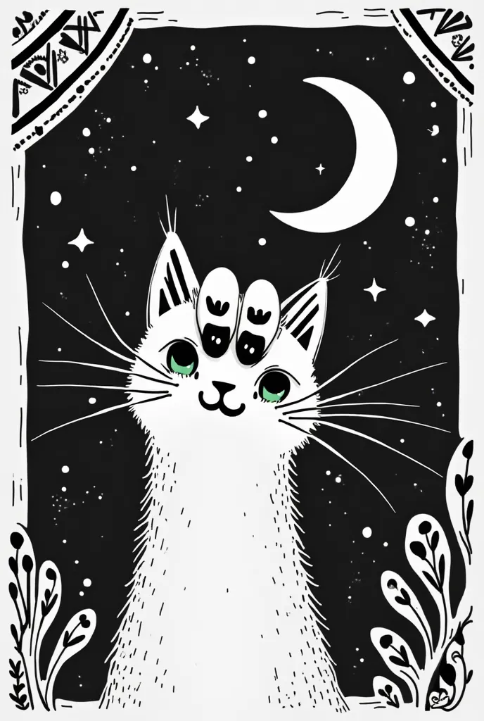 Moon cartoon, A cat's paw,  in black and white, tribal