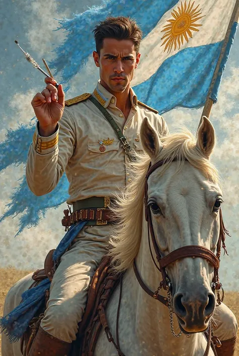 an image of General José de San Martín as a young man on his white horse smoking a marijuana cigarette and holding an Argentinian flag 