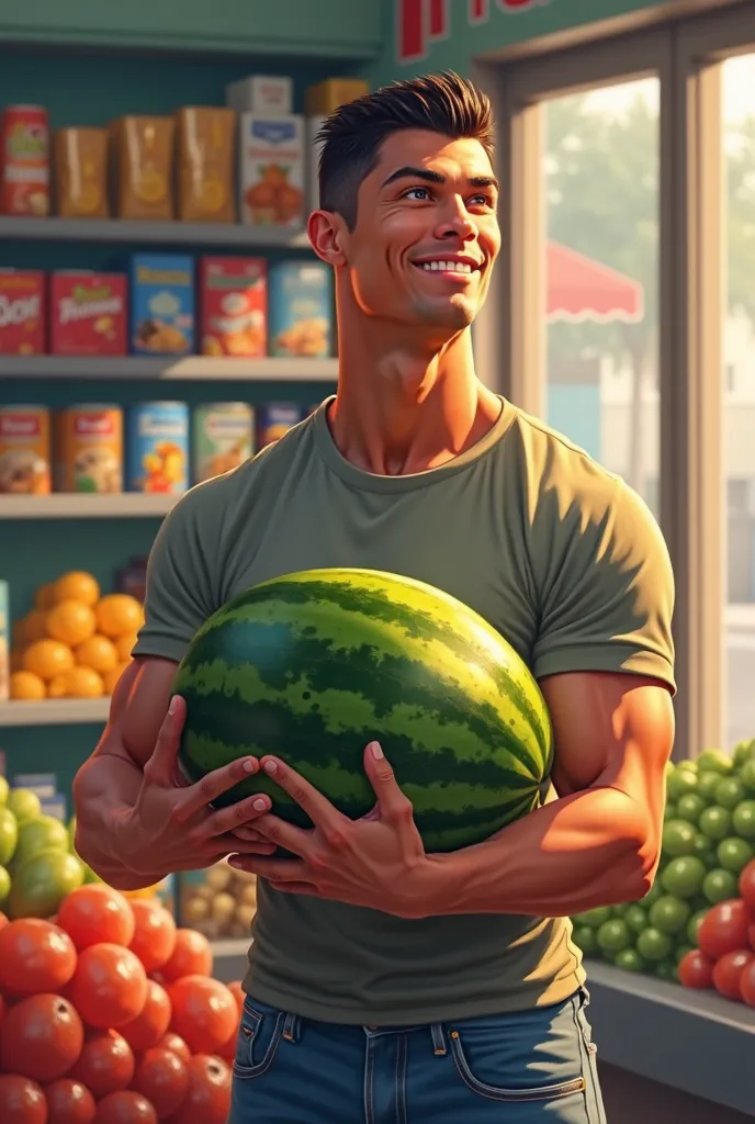 "A realistic digital painting of a man resembling Cristiano Ronaldo standing inside a well-lit mini market. He is holding a large watermelon with both hands, looking at it with a thoughtful yet amused expression. He has short, neatly styled dark hair, a st...