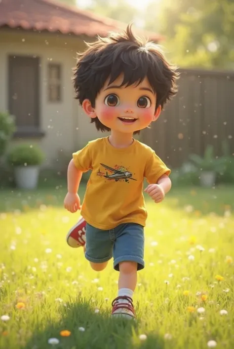 Front pacing fortrait, Riko  boy, small-bodied and agile, Short black-haired rather scruffy, bright round-eyed, wearing a yellow T-shirt with a picture of an airplane and blue shorts.from the yard of her home which is filled with green grass and small flow...