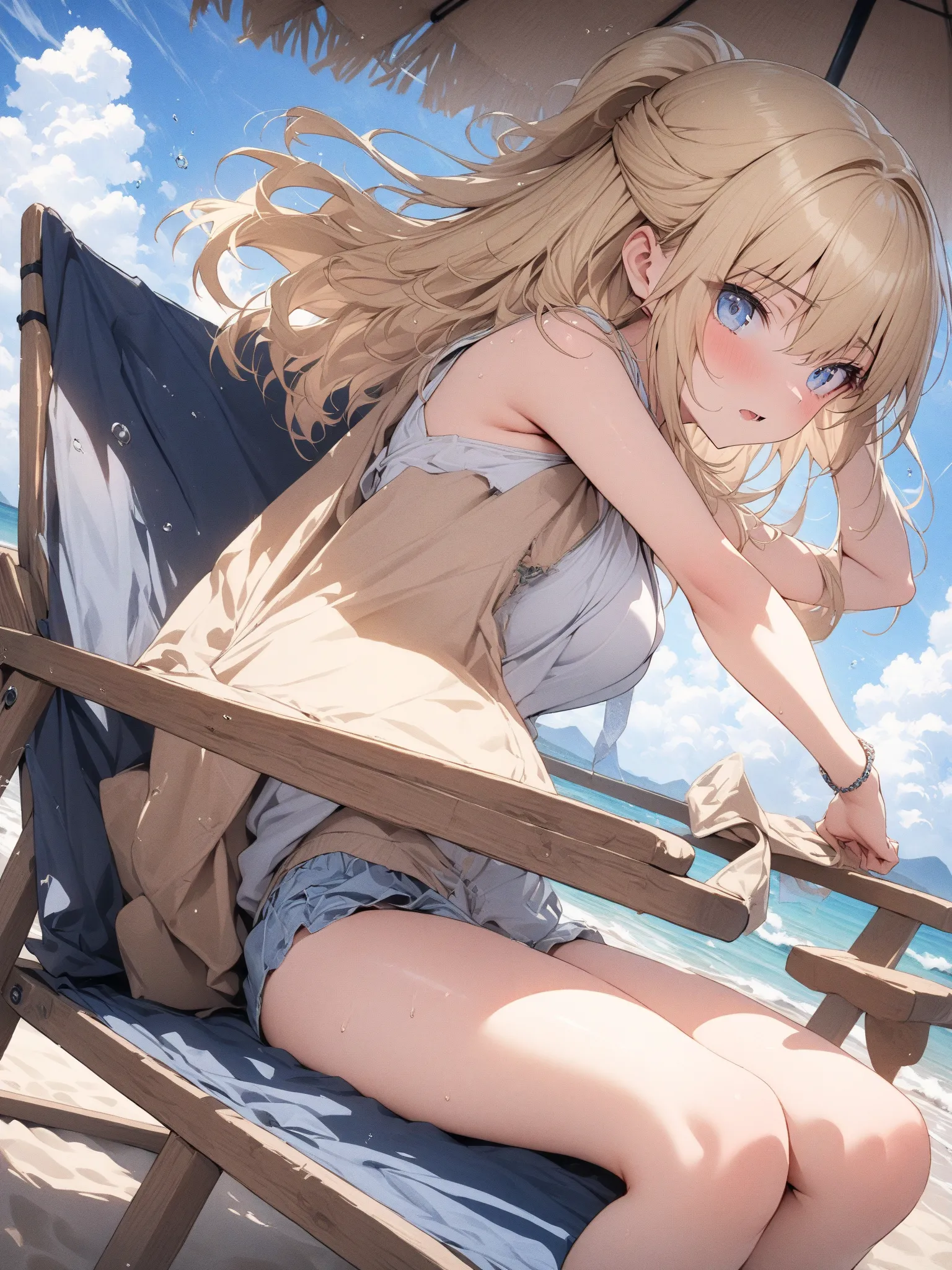 (masterpiece, detailed:1.2), One Girl, (18-years old), blonde half updo, Medium Breasts, sky blue eyes, BREAK, Highest quality, on beach chair, Random Pose, Random angle,