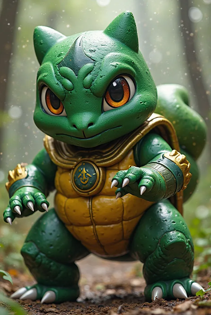 Create a realístico and cinemática image of Bulbasaur reimagined as a Green Ranger, blending its iconic features with elements of a ranger costume. Start with a realistic depiction of Bulbasaur, capturing its textured green skin, large eyes, and distinctiv...