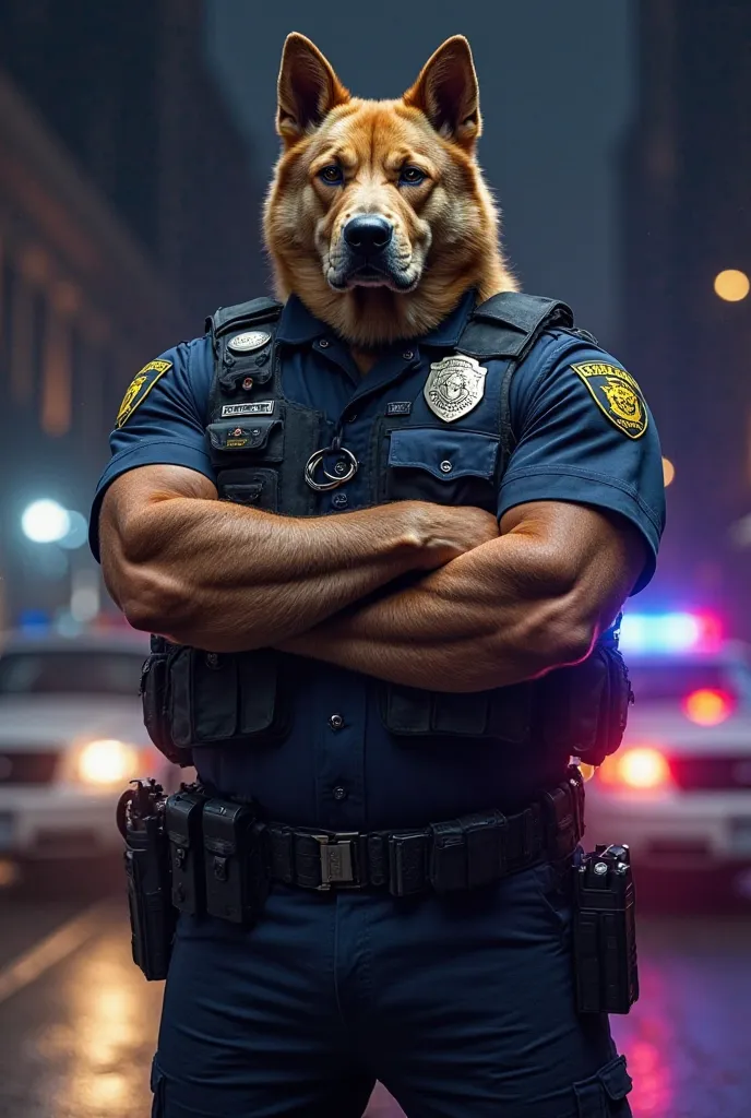 An imposing, extremely muscular humanoid dog wears a full police uniform. His massive and defined physical structure highlights his strength and authority. His canine face has a serious and intimidating look, with standing ears and attentive eyes, transmit...