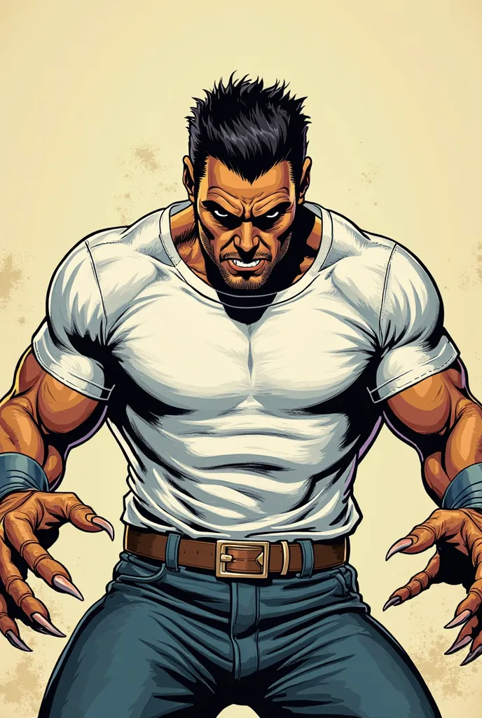 Comic book style illustration. Strong character in the white shirt, round neck and sleeves in Colombian colors. dynamic and aggressive pose.  The character is in front , with arms extended forward and hands open with sharp claws, as if about to grab or att...