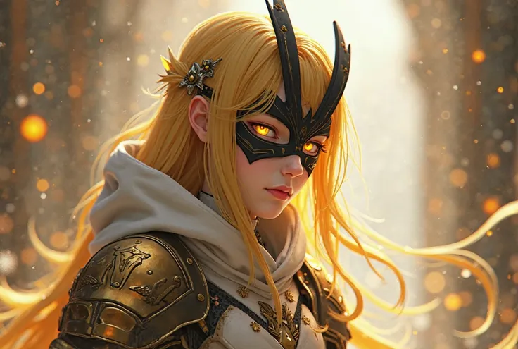   girl , blonde,  wearing with his right hand a mask that covers his entire face ,  a hood over the head and a layer that reaches the waist in white and gold, a ,  with parts of armor on his arms and chest ,  traveler costume with combat boots Long hair, e...