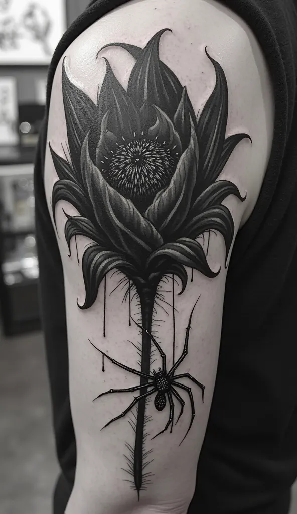 tatouage en noir de la fleur dans tokyo ghoul ainsi qu'une petite araignée descendant de la fleur  