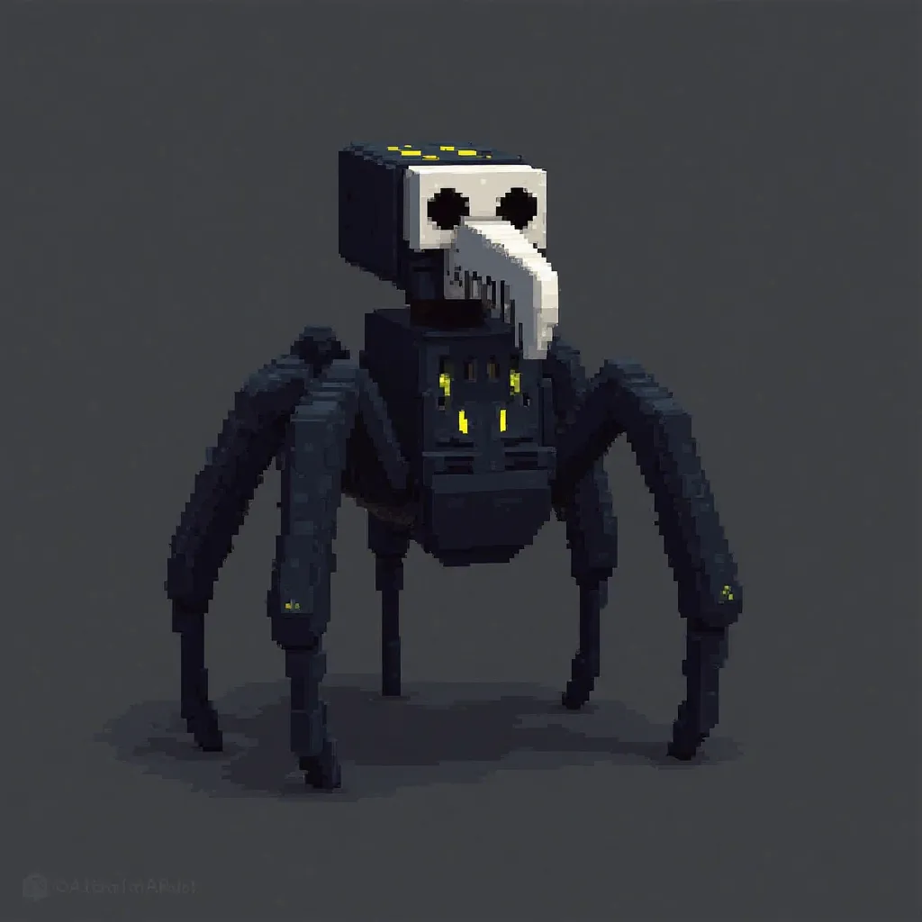 "A Minecraft-style avatar with a dark, spider-like body and long, thin legs. The face should resemble a pale skull with hollow black eyes and a long, bony beak-like mouth. The avatar's body should be mostly black with some eerie glowing patterns, and it sh...