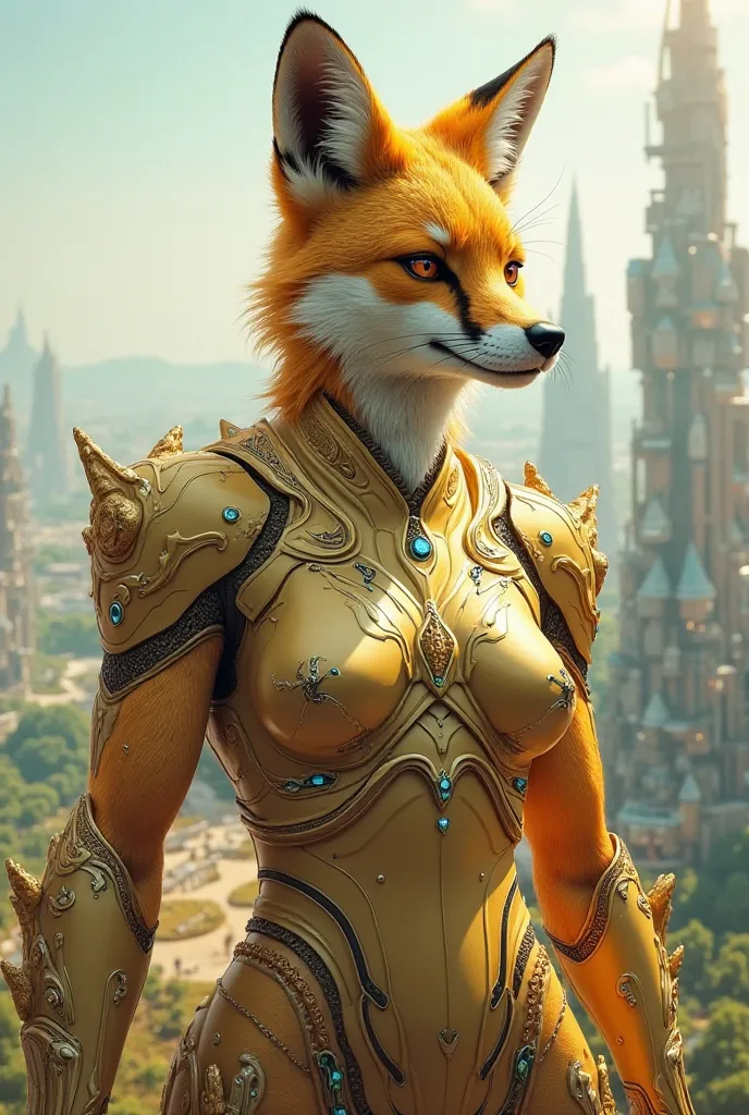 An imposing and muscular humanoid fox, with shiny golden fur and intensely bright eyes, exudes power and confidence. She is dressed in a futuristic and elegant armor, that combines advanced technology with natural elements. Her sharp claws and powerful pos...