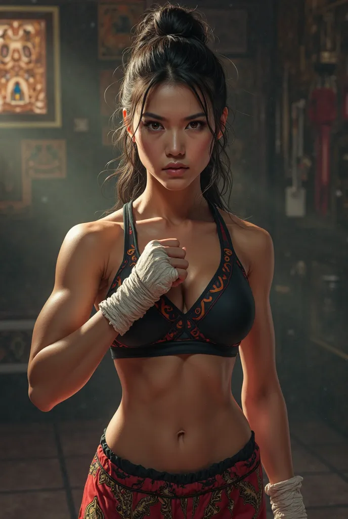 Realistic image of strong woman with the name MR Muay Thai 