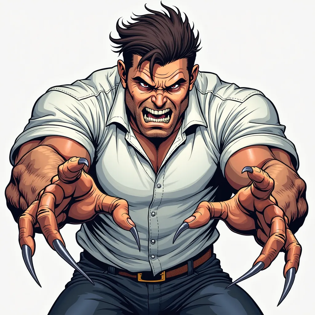 Comic book style illustration. Strong character in the white shirt . dynamic and aggressive pose.  The character is in front , with arms extended forward and hands open with sharp claws, as if about to grab or attack.