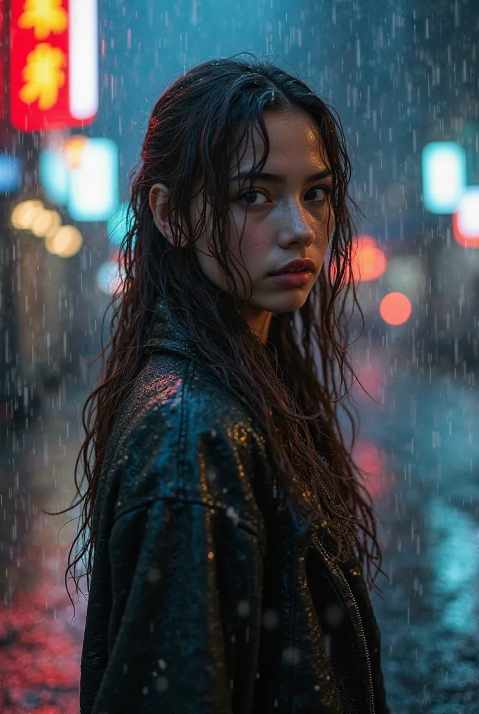 "Young girl walking in torrential rain, wet brown hair streaming down her pale face, dark clothes soaked and glued to her body. Raindrops falling on the skin, bright reflections of red and blue neon lights in the water accumulated on the asphalt. Empty urb...