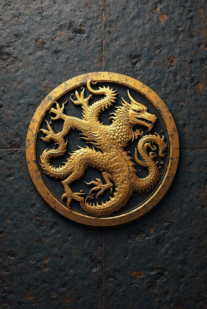 A futuristic and minimalist imperial seal of a golden dragon with three heads. That the heads are attached to the body. The dragon is similar, NOT EQUAL, to the symbol of the Targaryen House. That the image is flat, that has no relief.