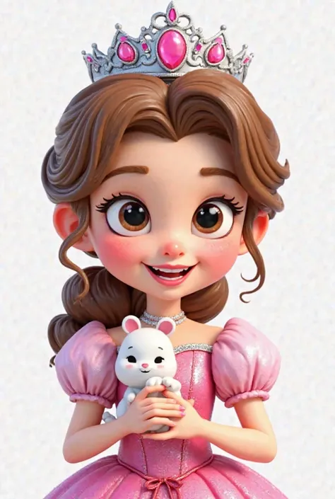 "A 3D emoji-style digital illustration of a  princess,  with a cheerful look and an innocent smile, with a ponytail hairstyle and wavy brown. She wears a silver crown adorned with pink gemstones. Her dress is pink with puffy sleeves, a shiny top and a deli...