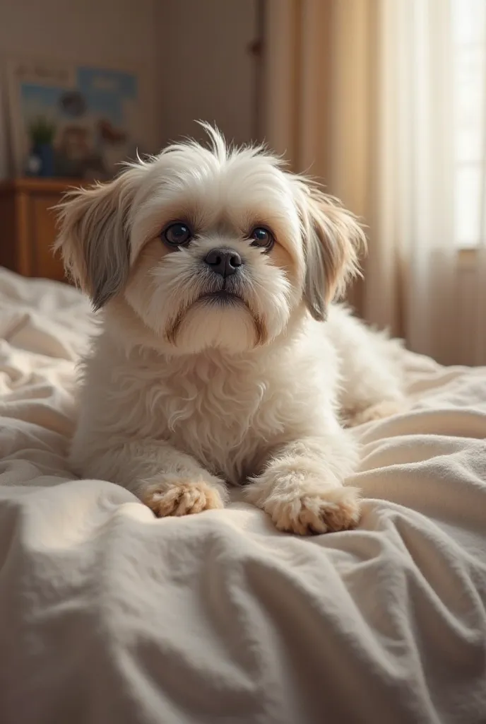 Create a realistic image of a Shih Tzu dog,  White , with two light gray spots: one on the right ear and the other on the left side of the body. The dog is waking up, stretching out as if he were in a human routine. It is in a cozy atmosphere, as a room wi...