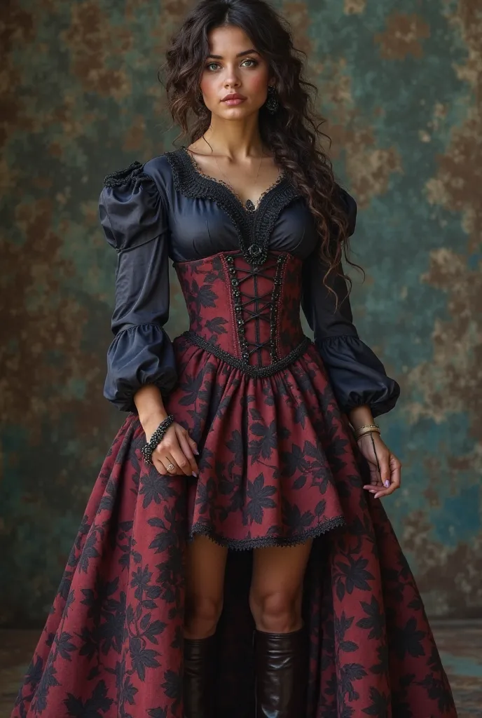 chica,  you brunette , dressed in messy Victorian clothes (color: gray, purple wine, negro,  dark navy blue , wine red) , semi-curly hair 2-c 3-A, color black,  navy blue eyes, charismatic feline look, Lips, Semi-thick, Victorian style brown leather boots,...