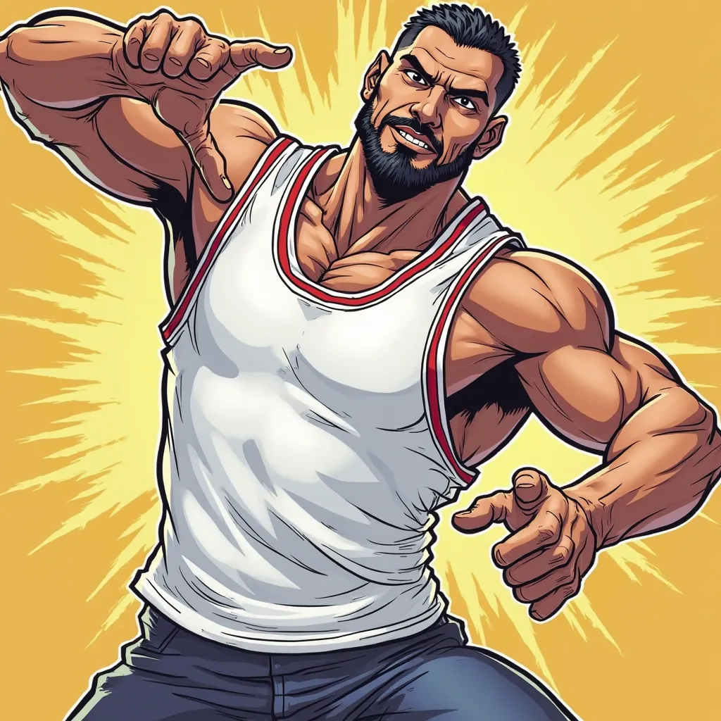 Comic book style illustration. Strong character in a white basketball style tank top. Dynamic and aggressive pose. The character is facing forward, with arms extended forward and hands open as if he were about to grab or attack.