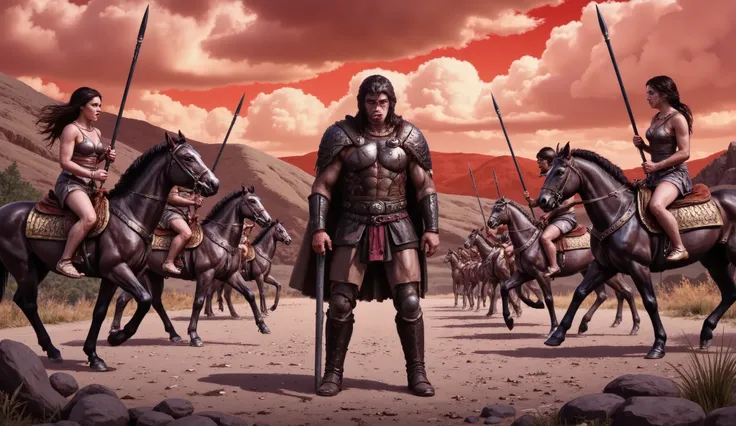Hercules standing on the ground, surrounded by Amazon warriors on horseback wielding spears.