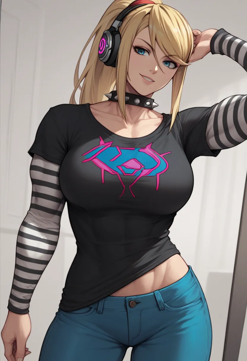 1 girl, solo, black short sleeve t-shirt, layered sleeves, white long sleeves, jeans, black t-shirt over white long sleeves, confident smile, large breasts, striped sleeves, black and white stripes, Samus, blonde hair, ponytail, blue eyes, spiked collar, s...