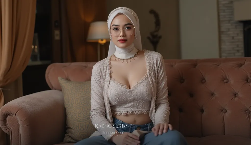 Field), Best Quality, Masterpiece, Highly Detailed, Realistic, 1 mature, Indonesian woman, 35 Years Old, sitting on a sofa, chest forward, big breasts, slightly visible cleavage, thin lips, beautiful and seductive, curvy body, wearing white hijab, wearing ...