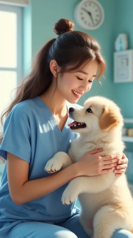 Puppy and beautiful doctor
Puppy and beautiful nurse
smiling
Realistic depiction
high quality