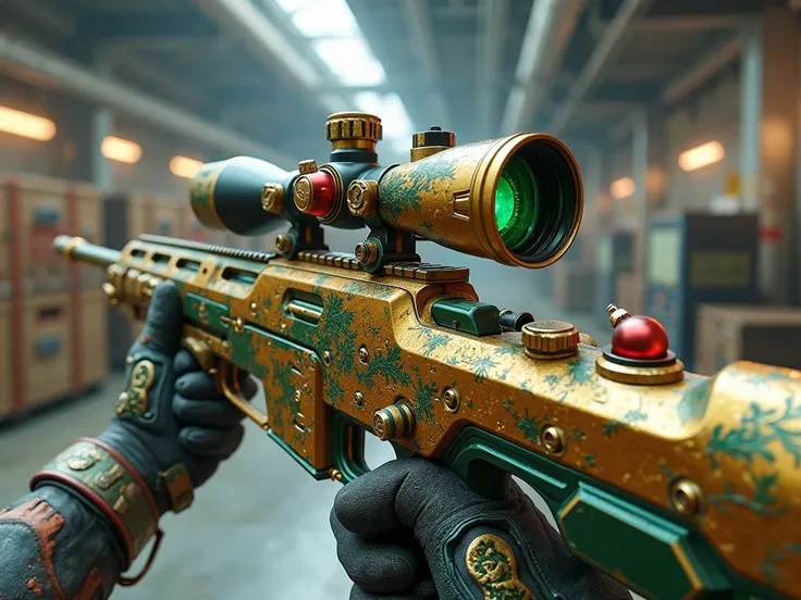 Here's a prompt for generating an image like the one you uploaded:

*"A highly detailed, futuristic sniper rifle with a golden and emerald-green finish, featuring intricate holiday-themed decorations. The weapon has a sleek, high-tech scope with a glowing ...