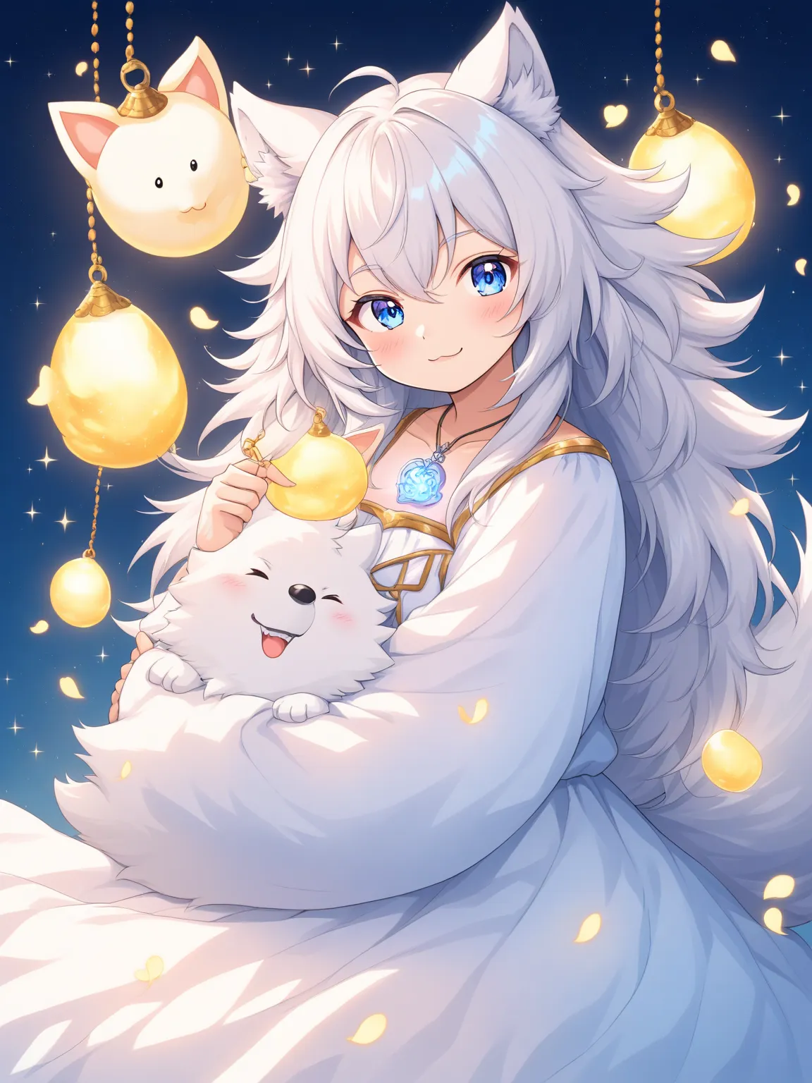 Cute and chubby anime style wolf-girl character. She has silver fur, piercing blue eyes, and big fluffy wolf ears poking out from her mass of messy white hair. Her tail is thick and bushy. She's wearing a cosy blue and white dress, giving off an air of inn...