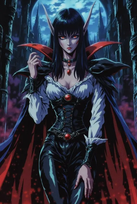 woman, fair skin, gothic makeup, vampire, red eyes, voluminous black hair, pointy ears, look of superiority, dark castle, countess, low-cut white blouse with details and ruffles, black leather corset, black leather cape, black leather boots, black leather ...
