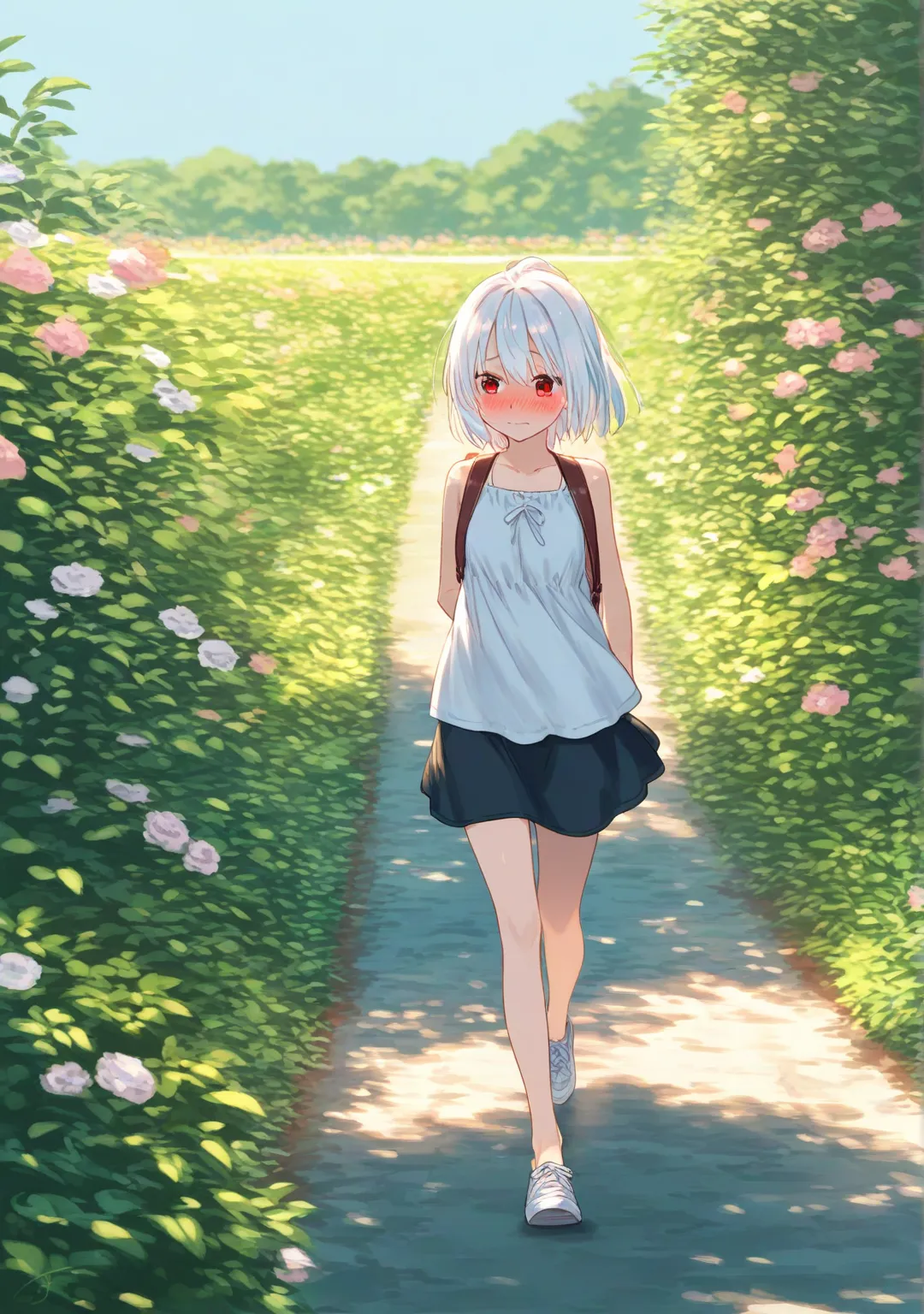 A 20-year-old girl with white hair, red eyes and white clothes is embarrassed walking in a garden