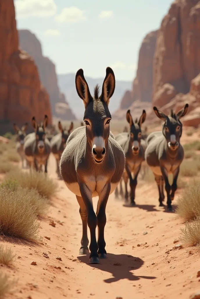 A group of donkeys walking in a desert landscape with sandy and dry terrain, covered by small shrubs. In the foreground, a gray donkey with realistic fur looks directly at the camera, with large, expressive ears pointed upwards. In the background, several ...