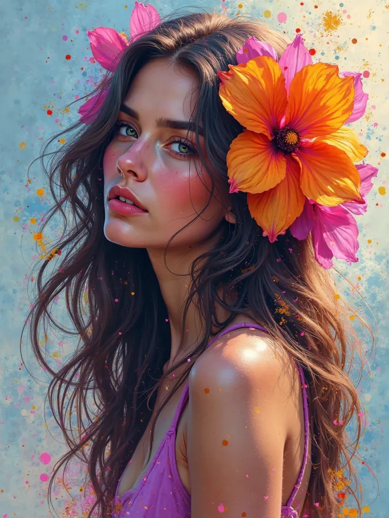 A vibrant and colorful digital painting of a woman with long, flowing hair adorned with large, bright orange and pink flowers. Her hair cascades down her shoulders, blending seamlessly with the abstract, multicolored background that features splashes of bl...