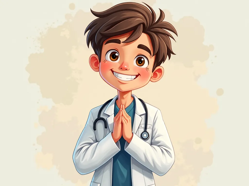  Pictures of a young medical student (Cartoon )! His face shows signs of strength and challenge and he is smiling. I want the picture to show his whole body or part of the baby and join his hands