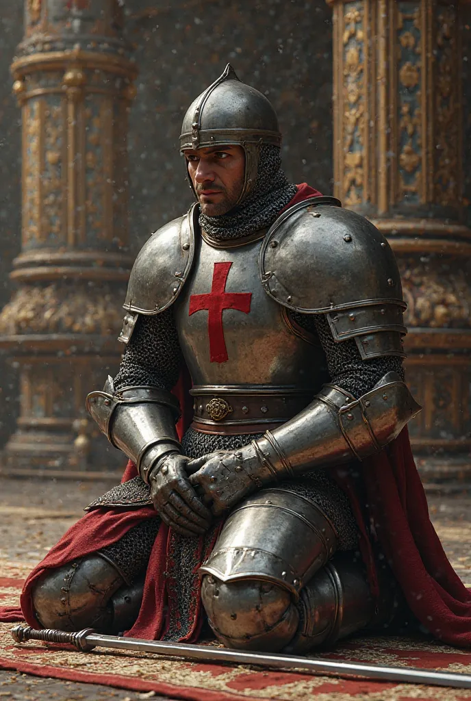 A Templar kneeling with his helmet on his head and with his sword on the ground 