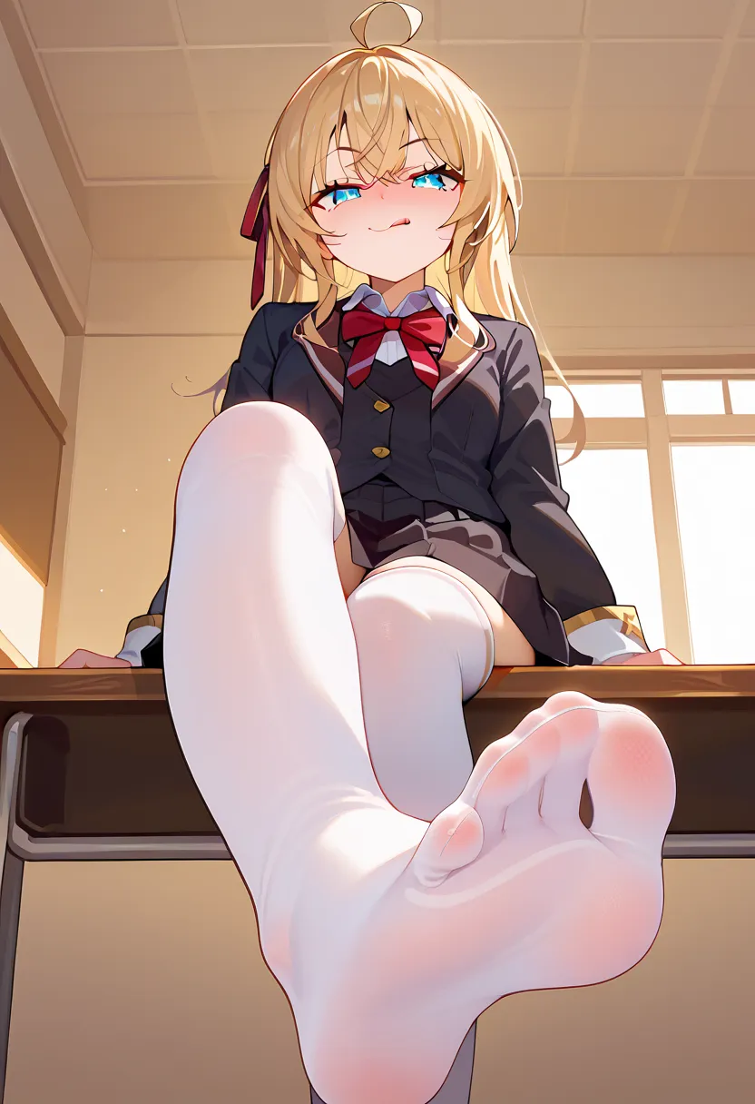 score_9, score_8_up, score_7_up, source_anime, 1girl, blonde hair, long hair, ahoge, hair ribbon, blue eyes, school uniform, bowtie, black skirt, white thighhighs, sitting, on table, foot focus, naughty face, licking lips, looking at viewer, from below, cl...