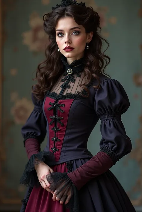 chica,  you brunette , dressed in messy Victorian clothes (color: gray, purple wine, negro,  dark navy blue , wine red) , semi-curly hair 2-c 3-A, color black,  navy blue eyes, charismatic feline look, Lips, Semi-thick, Victorian style brown leather boots,...