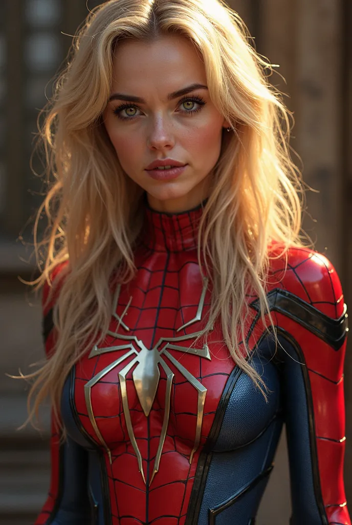     photorealistic image  :     BLONDE WOMAN  ,  honey eyes  ,    medium-long hair    , golden and thin skin   , defined waist. 

  Spider-Gwen, facing the camera,  detailed costume , breasts,  slender body, vibrant colors,facial expressions that exude con...