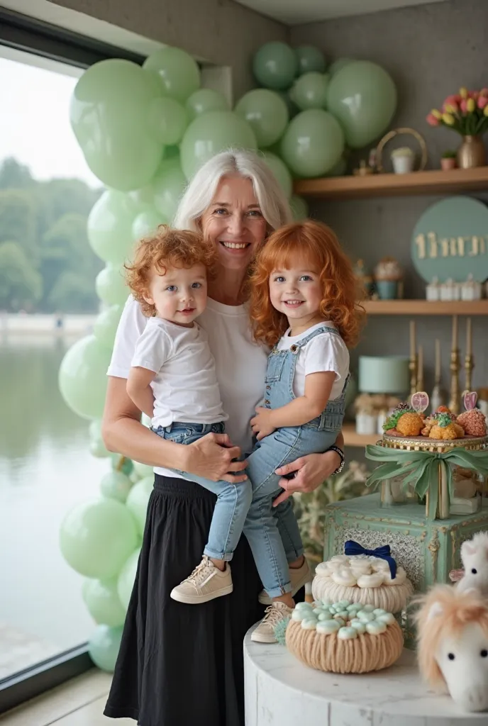 a.Woman and two ren, Woman 50 years old platinum hair Chanel shoulder length beautiful green eyes, wearing a white t-shirt, And a black mid-round skirt, she is holding a  boy in her arms a red-haired boy blue eyes perfect and cute face, she wears a white t...