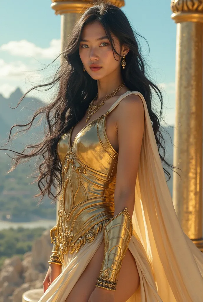 a young Korean woman with black hair and very long and smooth blue locks,  light green eyes,  thick rosy lips with gloss . She is posing as a Greek goddess on Olympus, with golden chrome pillars on the sides and a bright sun. She wears shiny gold gladiator...