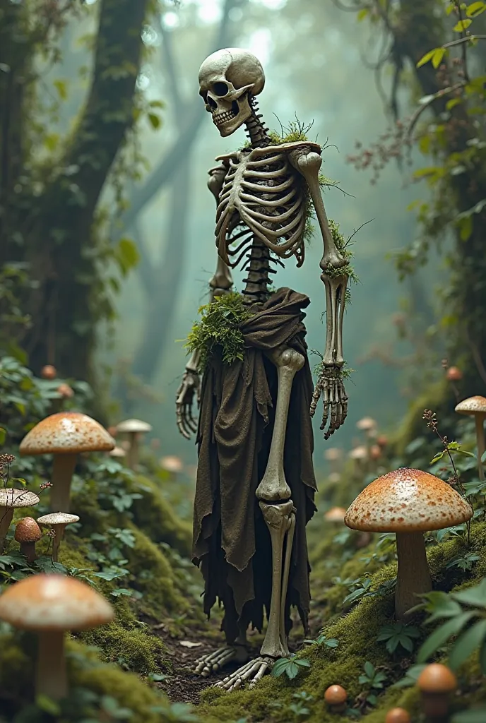 A skeleton in a green Forest with mushrooms