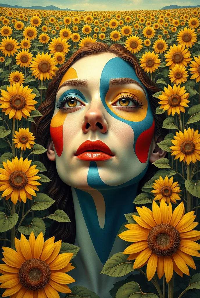 Vangoh sunflower fields mixed with Picasso-style women's faces