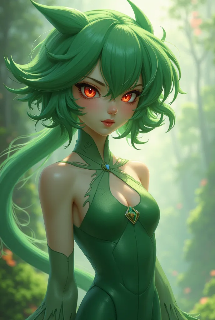 A girl with green hair and red eyes who looks like a Gardevoir but isn't.