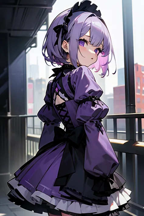 short gray hair, ,    model、details、Gothic Lolita、downtown punk fashion、Headbang 2.、Purple clothes、((look back)).