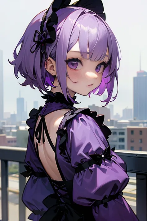 short gray hair, ,    model、details、Gothic Lolita、downtown punk fashion、Headbang 2.、Purple clothes、((look back)).