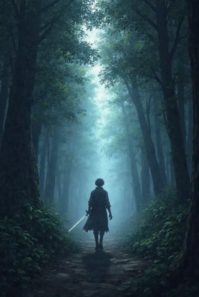 An anime hero walking a dark trail amidst a dense forest. Despite the darkness around, a soft light emanates from his body, Lighting the Way Ahead. He carries a shining sword, symbol of his courage , and his gaze is determined. The setting conveys a contra...