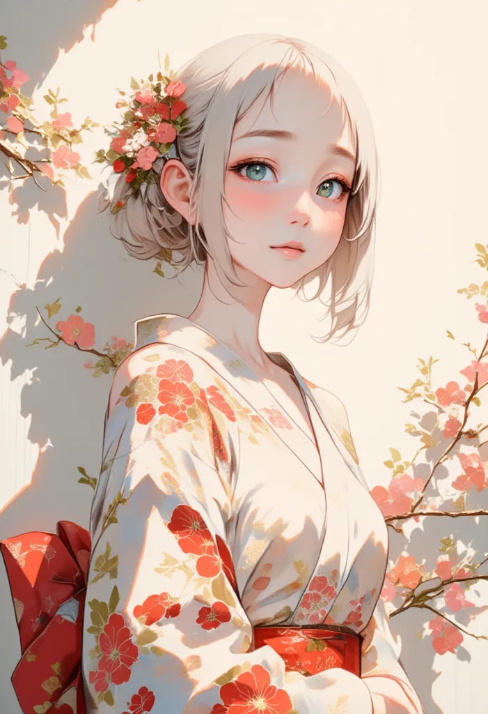 ((( simple configuration )))、((( white wall background:1.2)))、  girls  、 perfect anatomy 、絵のように beautiful 、 sketch、Very subtle、 Cloud-like wall 、、 floral 、  one that jumps off a delicate picture 、 abstract、  Overall bright colors  、 Gentle colors 、 kimono、...