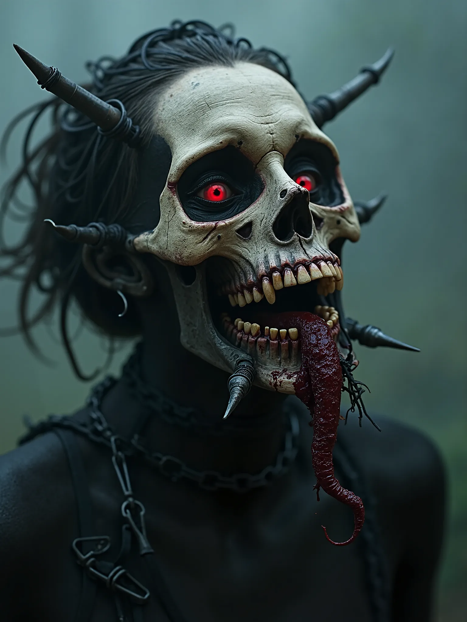 Beautiful paint ,dark makeup,dark tears woman, black metal style dark art dark photography, half skull rotting  beautiful female goddess necrosis, sharp long nails,blood as pint , metal and bones,blades,beautiful serene melancholic scream of pain,fog with ...