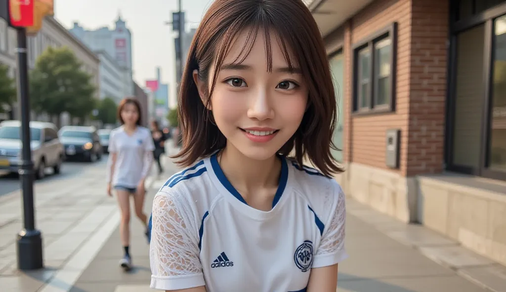 NSdebtW, 1 girl, (well-groomed face), ( ideal body balance ), Modern old town,  clear, (( OPEN LEG JUMP )), (((sportswear))), ((Jersey)), (((Good for sports)), wet, torn clothes,  smiley smile , White skin, Slender,  with dark hair, short hair, beautiful l...