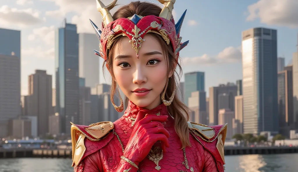  full body photorealistic and beautiful gorgeous dragon woman ,, Unreal Engines,  very attractive woman in a red dragon scale bodysuit,, with belt and gloves,with headdress like a dragon ,  very feminine physique ,  intricate and detailed costume , , real ...