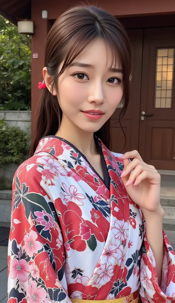 At a Japanese shrine、(best quality), ((masterpiece)), (Superior), original, Highly Detailed CG Unity 8K Wallpaper,
, mature woman, hidden hair, Alone, long hair,   black hair,  grey background,  iridescent hair,  Japanese Clothes, white hair, viewers, head...