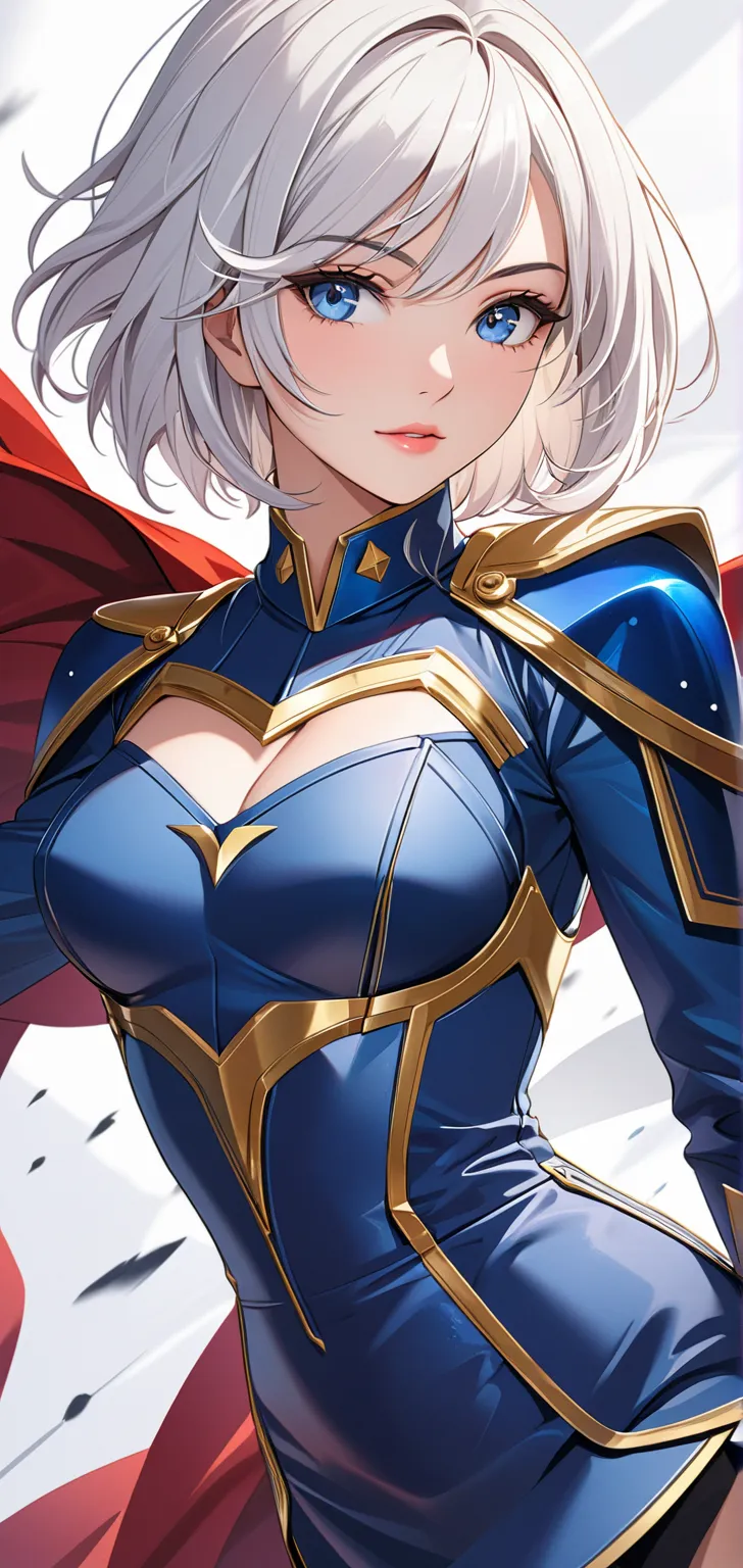 ultra high resolution, rich colors, Perfect image,  blue hero suit dress  ,    detailed image, Hermosa Nicole okami, short hair, blue eyes, white hair, , medium breasts,